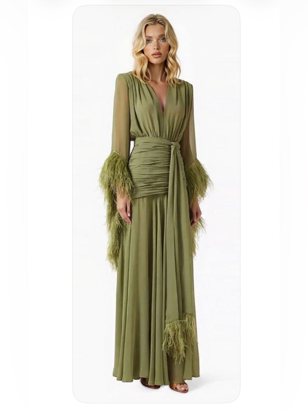 Bronx and Banco Sage Green Long-Sleeve Feather Cuff Maxi Dress